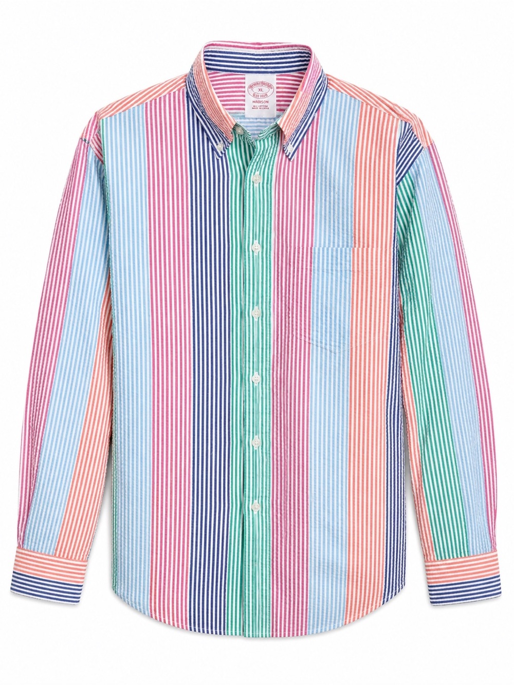 Brooks‎ Brothers Seersucker Shirt XL Madison Fun Stripe Pastel Preppy Old Money